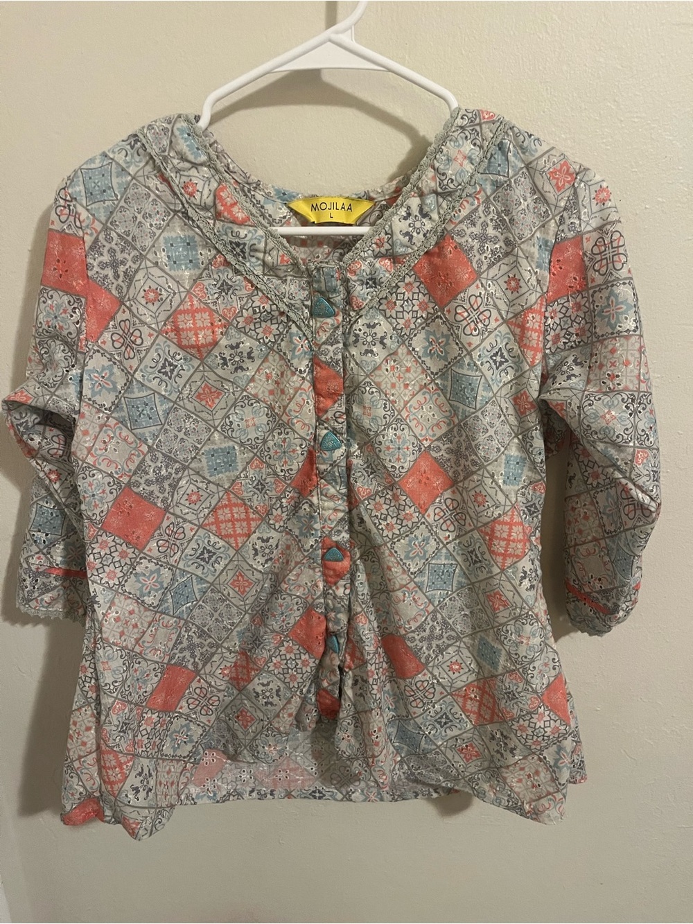 MOJILAA  & Teal Patchwork Button-Front Top